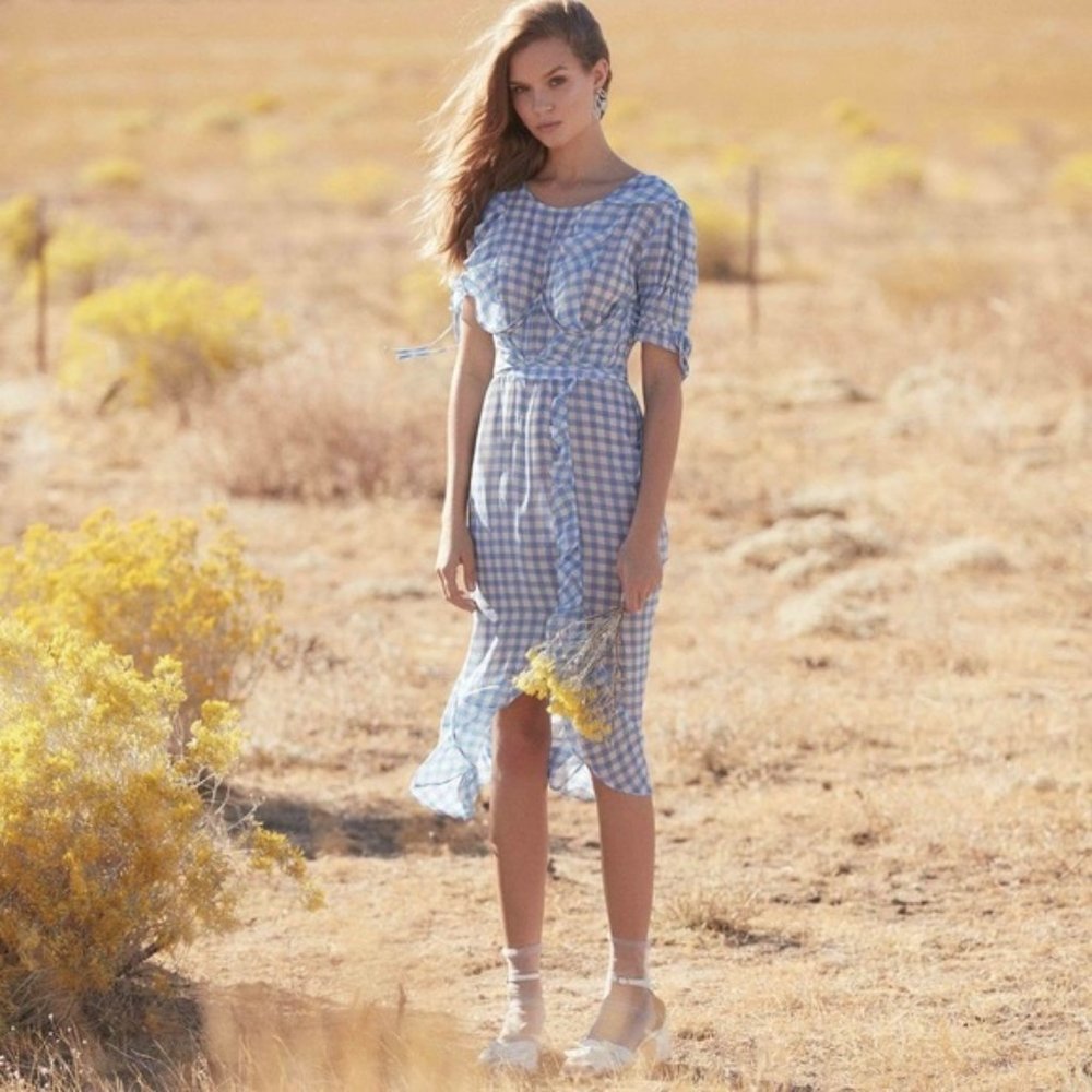 NWT For Love & Lemons Blue Gingham Midi Dress S
